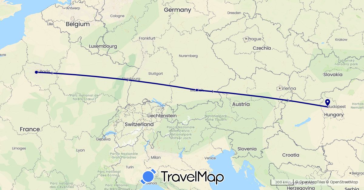 TravelMap itinerary: driving in Germany, France, Hungary (Europe)